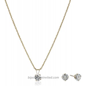 Jewelili 10K Yellow Gold 5MM and 5.1MM Round Swarovski Zirconia Pendant Necklace and Earrings Jewelry Set  Curated Collection