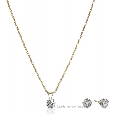 Jewelili 10K Yellow Gold 5MM and 5.1MM Round Swarovski Zirconia Pendant Necklace and Earrings Jewelry Set  Curated Collection