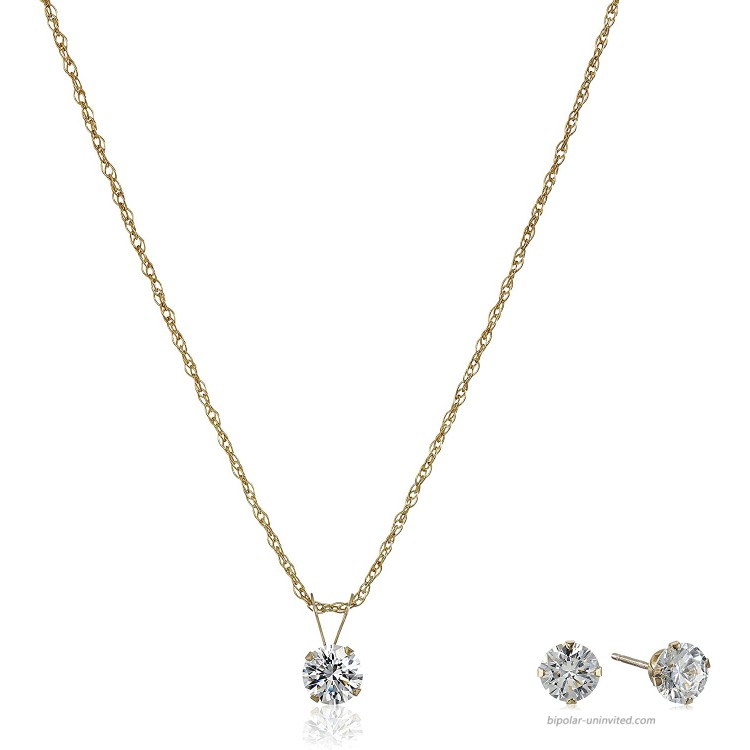Jewelili 10K Yellow Gold 5MM and 5.1MM Round Swarovski Zirconia Pendant Necklace and Earrings Jewelry Set Curated Collection
