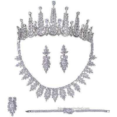 Jorsnovs 5 pcs White 5A Full Zircon Tiara Crown Necklace Bracelet Dangle Earrings and Ring Dubai Wedding Bridal Jewelry Sets CZ Cubic Zirconia Jewelry Gifts fit with Party Dress