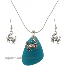 Jucicle Blue Sea Glass Pendant Long Necklace 27 and Earrings Set Crab - Sea Blue