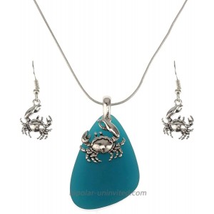 Jucicle Blue Sea Glass Pendant Long Necklace 27 and Earrings Set Crab - Sea Blue