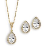 Mariell 14K Gold Plated CZ Crystal Pear-Shape Necklace & Earrings Bridal and Wedding Jewelry Set