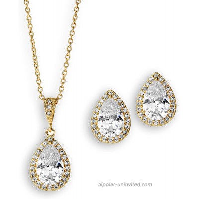 Mariell 14K Gold Plated CZ Crystal Pear-Shape Necklace & Earrings Bridal and Wedding Jewelry Set