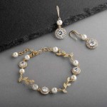Mariell 14K Gold Vine & Ivory Pearl CZ Bridal Bracelet & Earrings Set - Wedding Jewelry for Bridesmaids