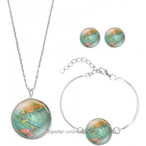 Meiligo Retro Personalized World Map Necklace Bracelet Earring Jewelry Globe Signs Circular Tag Pendant Jewelry