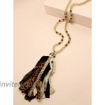 Miracle Collection Boho Handmade Knotted Glass with Leopard Fringe statement Tassel Vintage Long Necklace BLACK