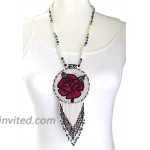 Native Style Beaded Necklace Earrings Set with Large Medallion Rose Pendant Red White Rose