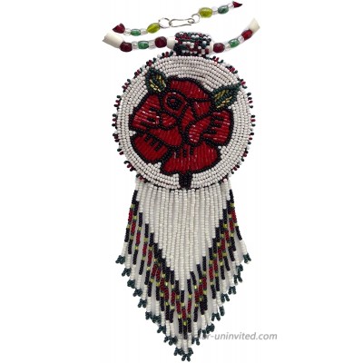 Native Style Beaded Necklace Earrings Set with Large Medallion Rose Pendant Red White Rose