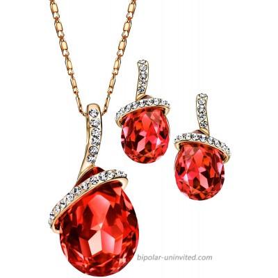 NEOGLORY Angle Rose Gold Teardrop Crystal Jewelry Set Pendant Necklace Earrings 18 Red Embellished with Crystals from Swarovski