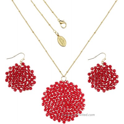 Niumike Handmade Crystal Beaded Necklace and Earring Sets for Women Prom Disc Jewelry Sets Red