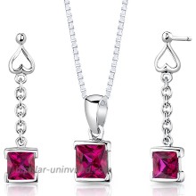 Peora Created Ruby Drop Earrings and Pendant Necklace Jewelry Set for Women in Sterling Silver Dainty Heart Accent 2.75 Carats total Princess Cut with 18 inch Chain Jewelry Sets