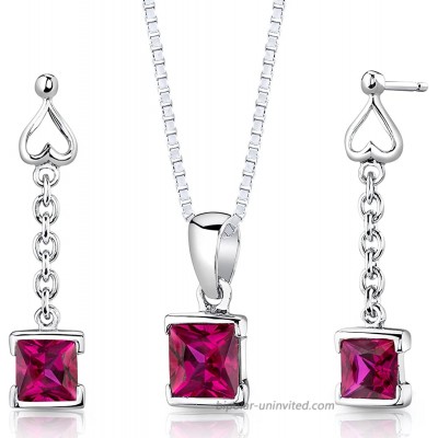 Peora Created Ruby Drop Earrings and Pendant Necklace Jewelry Set for Women in Sterling Silver Dainty Heart Accent 2.75 Carats total Princess Cut with 18 inch Chain Jewelry Sets