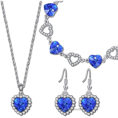 QIANSE Mother's Day Jewelry Set Gifts for Her for Women Blue Heart Crystals Titanic Jewelry Women Heart Necklace Tennis Bracelet Earrings Set Christmas Birthday Gifts