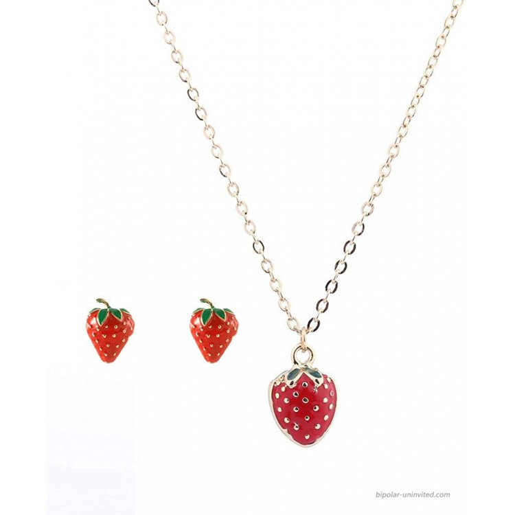 Red Dripping Oil Cute Strawberry Earrings Necklace Set for Girls Sweet Small Fresh Fruit Strawberry Pendant Necklace Stud Earrings for Women Red