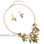 Rosemarie & Jubalee Women's Metal and Resin Leaf Crystal Statement Necklace Earrings Set Green Gold Tone