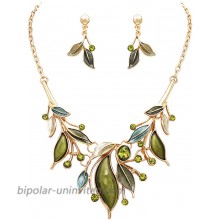 Rosemarie & Jubalee Women's Metal and Resin Leaf Crystal Statement Necklace Earrings Set Green Gold Tone