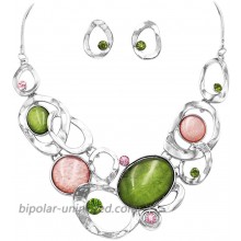 Rosemarie & Jubalee Women's Statement Springtime Green and Pink Resin Contemporary Textured Geo Hoop Link with Glass Crystals Bib Necklace and Earrings Set 14-17 with 3 Extender
