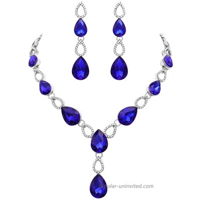 Rosemarie & Jubalee Women's Stunning Teardrop Crystal Y-Drop Choker Necklace Earrings Bridal Set 15-18 with 3 Extender Royal Blue Crystal Silver Tone