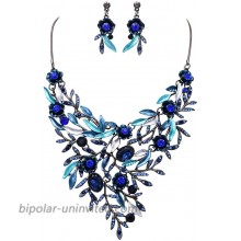 Rosemarie Collections Women's Beautiful Colorful Floral Statement Bib Necklace and Earrings Set Blue Hematite