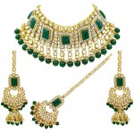 SAIYONI Indian Bridal Green Kundan Choker Necklace Set with Maang-Tikka for Women Green Alloy