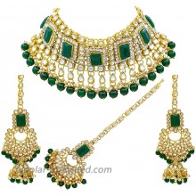 SAIYONI Indian Bridal Green Kundan Choker Necklace Set with Maang-Tikka for Women Green Alloy 