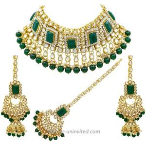 SAIYONI Indian Bridal Green Kundan Choker Necklace Set with Maang-Tikka for Women Green Alloy 