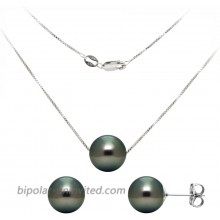 Sterling Silver Box Chain Pendant with 9-9.5mm Black Tahitian Cultured Pearl 18 and Stud Earrings