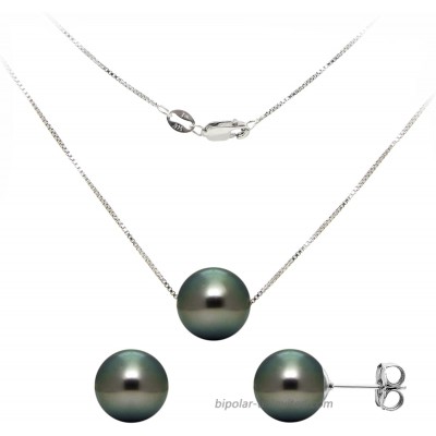 Sterling Silver Box Chain Pendant with 9-9.5mm Black Tahitian Cultured Pearl 18 and Stud Earrings