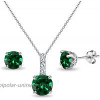 Sterling Silver Simulated Emerald & White Topaz Round Crown Stud Earrings & Necklace Set