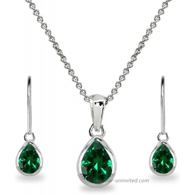 Sterling Silver Synthetic Green Quartz Teardrop Bezel Pendant Necklace & Dangle Earrings Set for Women Teen Girls