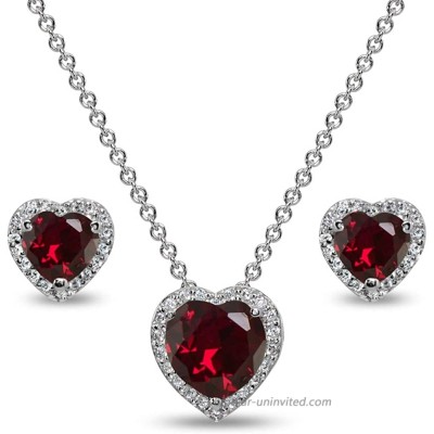 Sterling Silver Synthetic Ruby and CZ Halo Heart Pendant Necklace & Stud Earrings Set