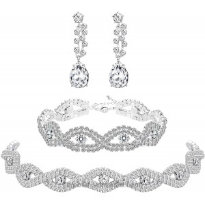 Subiceto Bridal Austrian Rhinestone Crystal Bridal Necklace Link Bracelet Teardrop Dangle Earrings Jewelry Set for Women Fashion Bridesmaid Wedding Jewelry Gifts
