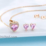 Swarovski Crystal Halo Heart Pendant Necklace Earrings for Women 14K Gold Plated Hypoallergenic Jewelry Set Pink