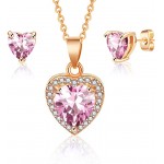 Swarovski Crystal Halo Heart Pendant Necklace Earrings for Women 14K Gold Plated Hypoallergenic Jewelry Set Pink