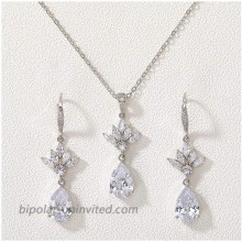 SWEETV Crystal Bridal Wedding Jewelry Sets for Brides Bridesmaids Silver Cubic Zirconia Teardrop Necklace Dangle Earrings Set Prom Costume Jewelry Sets for Women Girls