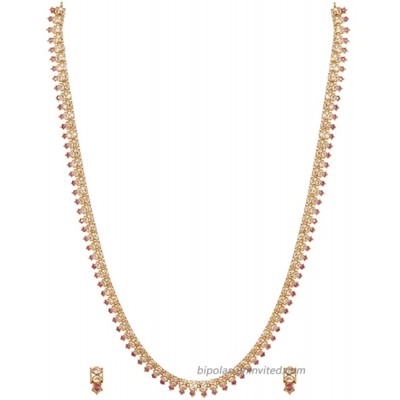 Tarinika Manju Nakshatra CZ Gold-Plated Indian Jewelry Set with Long Necklace and Earrings - White Red