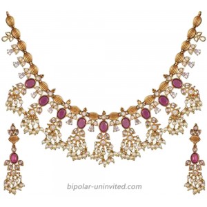 Tarinika Phool Antique Gold-Plated Indian Jewelry Set with Necklace and Earrings - White Red