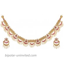 Tarinika Videni Antique Gold-Plated Indian Jewelry Set with Necklace and Earrings - White Red