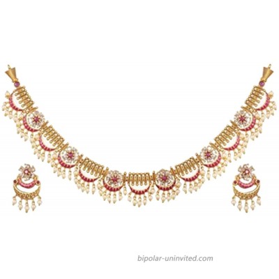 Tarinika Videni Antique Gold-Plated Indian Jewelry Set with Necklace and Earrings - White Red