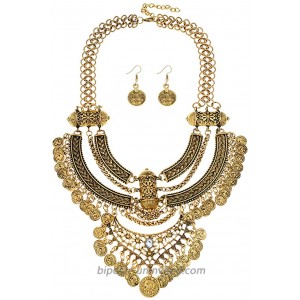 Ufraky Women Vintage Bohemian Ethnic Gypsy Bib Chunky Festival Statement Coin Necklace and Earrings Set