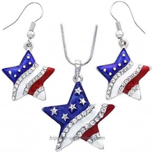 USA American Flag Stars Patriotic 4th of July Independence Day Pendant Necklace & Earrings Set