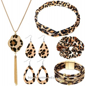 Yaomiao Leopard Print Jewelry Set Leopard Bracelet Faux Leather Dangle Earrings Long Tassel Pendant Necklace Headband Head Wrap