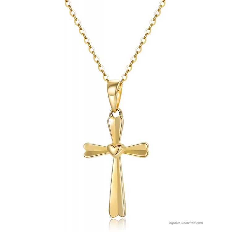 14k Gold Heart Cross Necklaces for Women Solid Gold Chain and Cross Pendant Baptism Religious Jewelry Gifts for Her 16+1+1 Inch