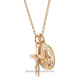 14K Rose Gold Plated Virgin Mary Pendant with Cross Necklace for Women Elegant Gift Box Packaging
