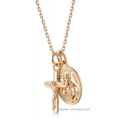 14K Rose Gold Plated Virgin Mary Pendant with Cross Necklace for Women Elegant Gift Box Packaging