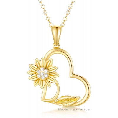 14k Yellow Gold Sunflower Heart Necklace for Women You are my sunshine Real Gold Love Jewelry Gifts for Wife Girlfriend Present for Her16-18