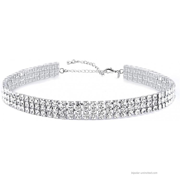 3 Row Rhinestone Choker Necklace for Women White Gold Plated 12.4 inch