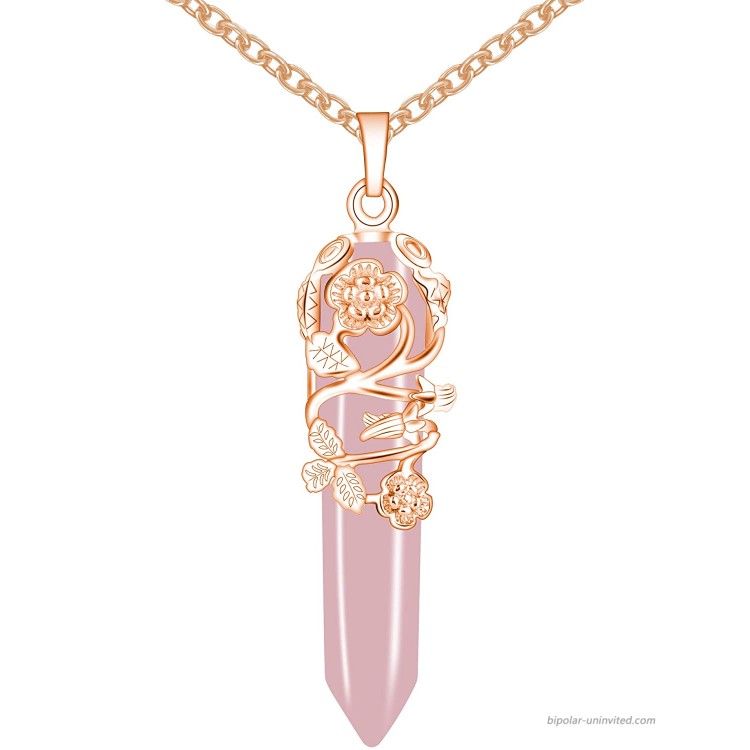 Bivei Vintage Reiki Healing Crystal Necklace Hexagonal Prism Quartz Point Stone Flower Wrapped Pendulum Pendant Jewelry（Rose Gold Plating-Rose Quartz）