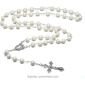 Catholic Pearl Beads Rosary Necklace Metal Beaded Miraculous Medal & Cross Rosary for Women Silver